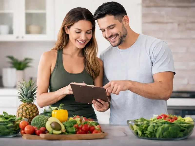 Couple preparing nutritious food together
